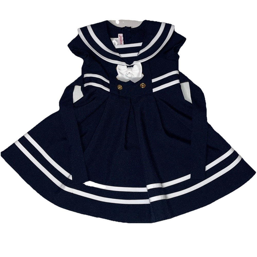 Classic Navy Blue Sailor Dress Toddler Size 2 Jessica Ann White stripe Collar